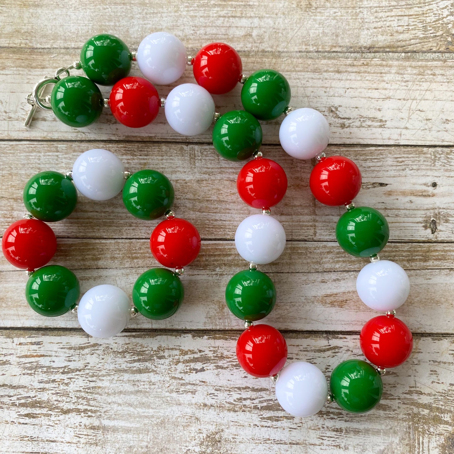 Red Green and White Christmas Bubblegum Necklace and Bracelet