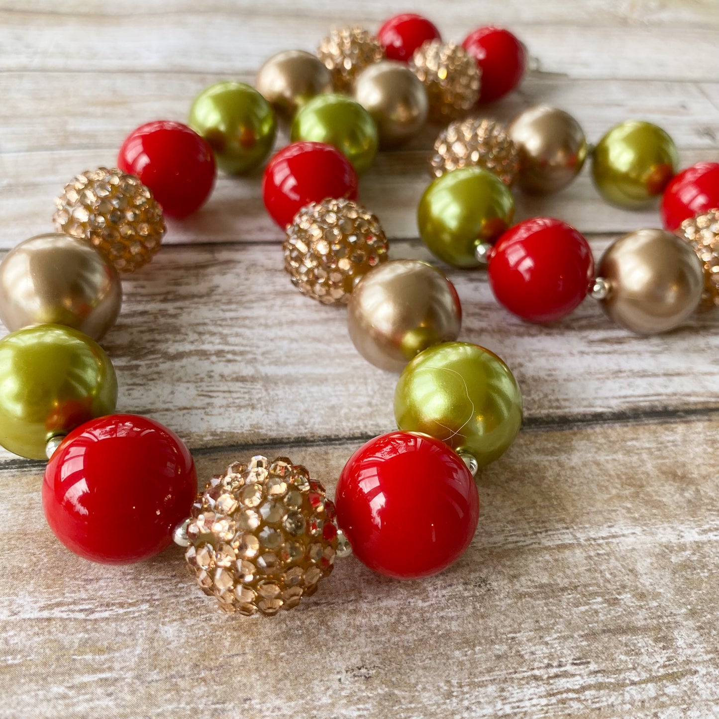 Red Green and Gold Christmas Bubblegum Necklace and Bracelet