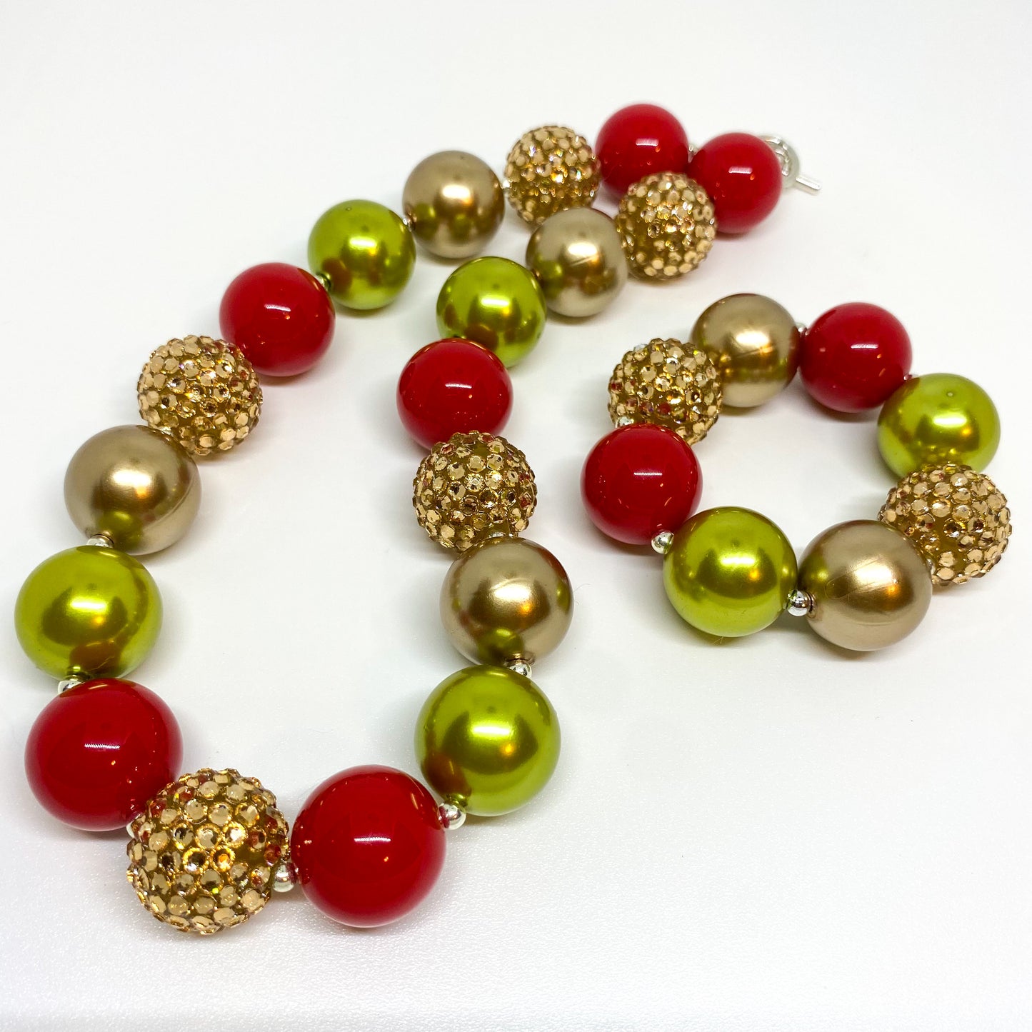 Red Green and Gold Christmas Bubblegum Necklace and Bracelet