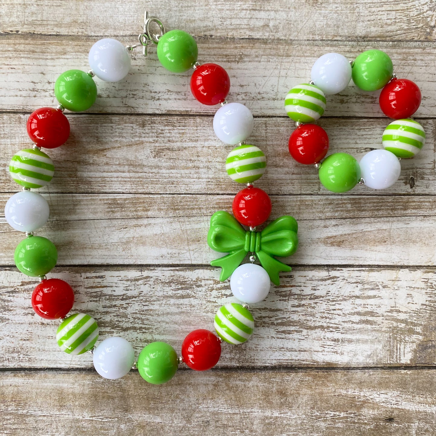 Lime Green and Red Christmas Bubblegum Necklace and Bracelet