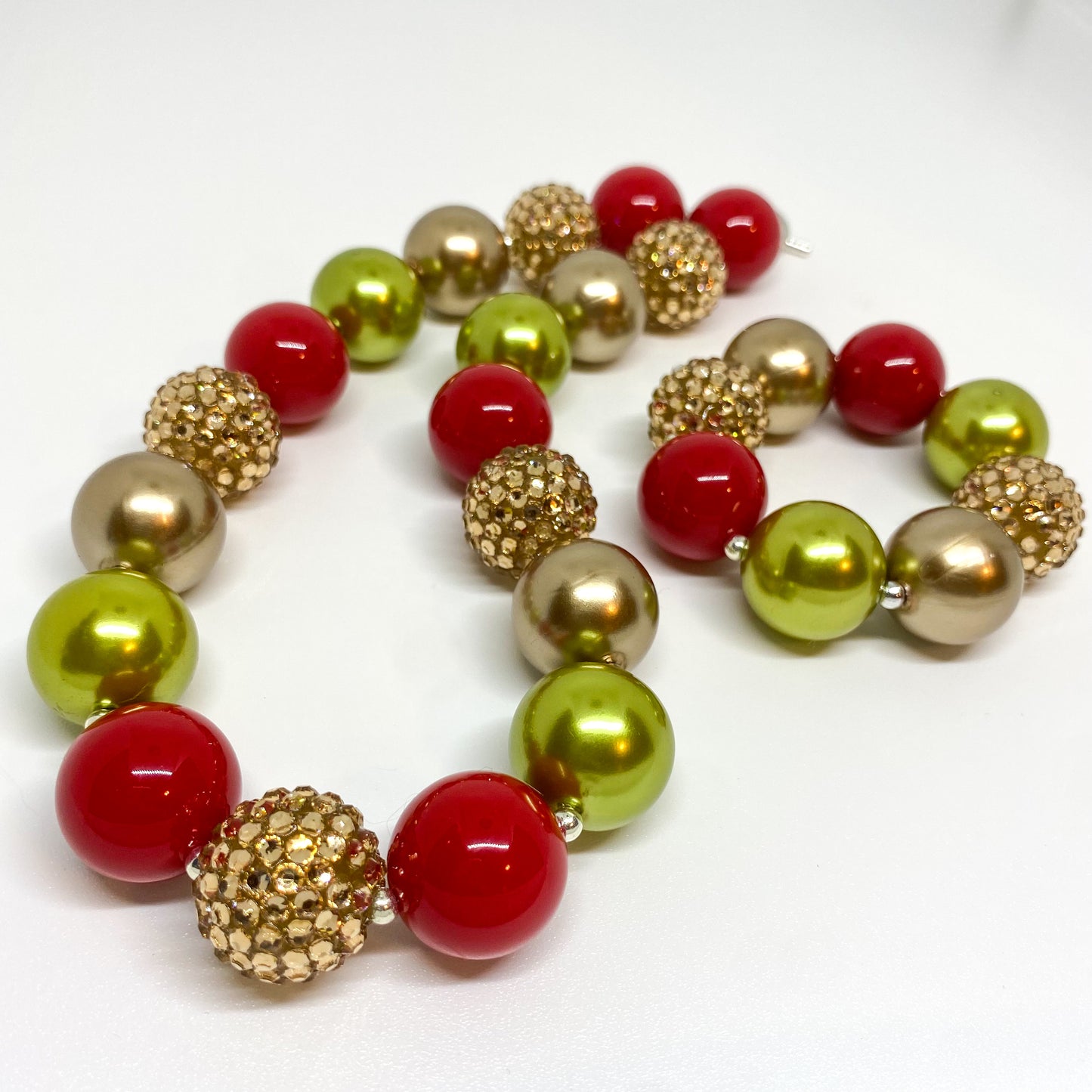 Red Green and Gold Christmas Bubblegum Necklace and Bracelet