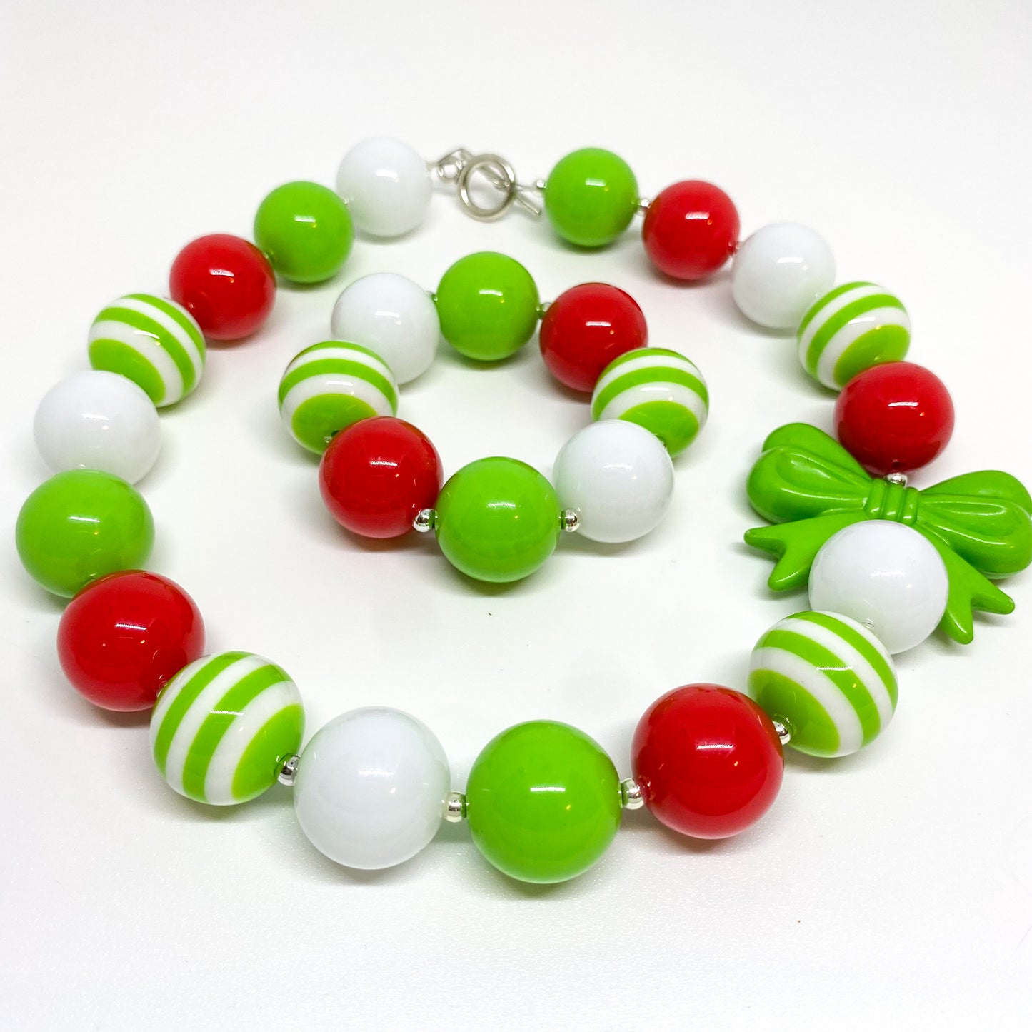 Lime Green and Red Christmas Bubblegum Necklace and Bracelet