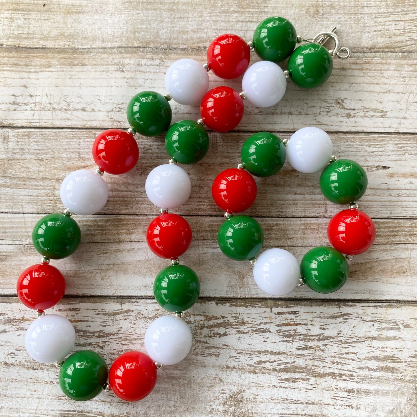 Red Green and White Christmas Bubblegum Necklace and Bracelet