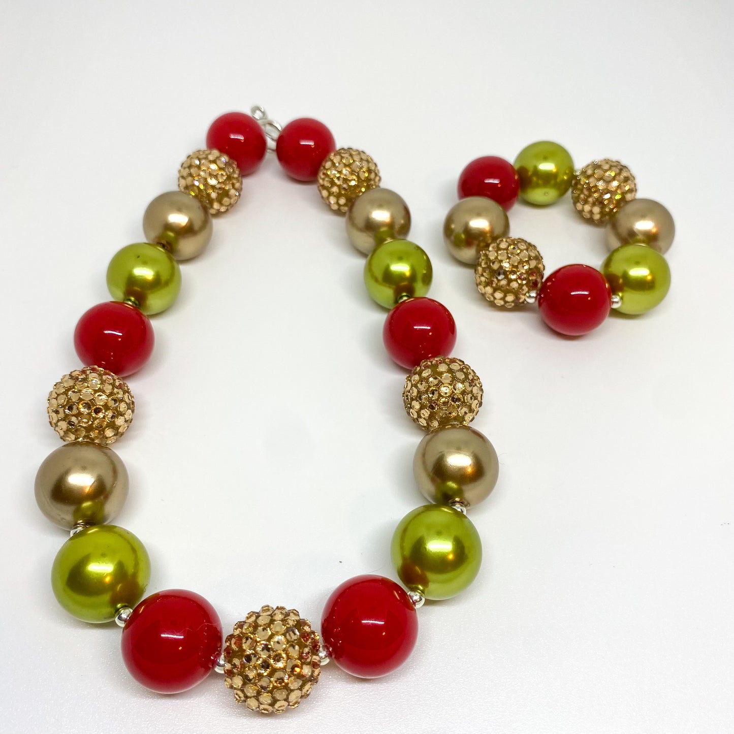 Red Green and Gold Christmas Bubblegum Necklace and Bracelet