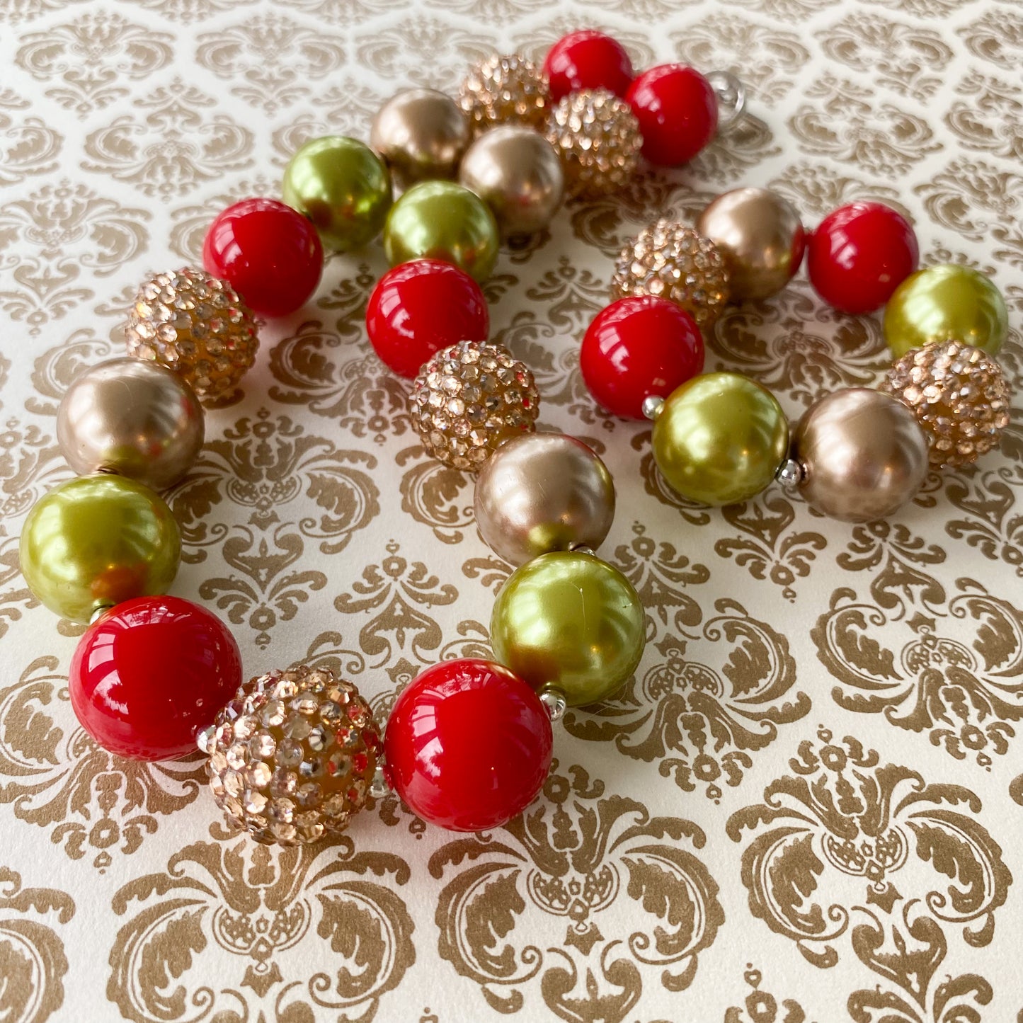 Red Green and Gold Christmas Bubblegum Necklace and Bracelet