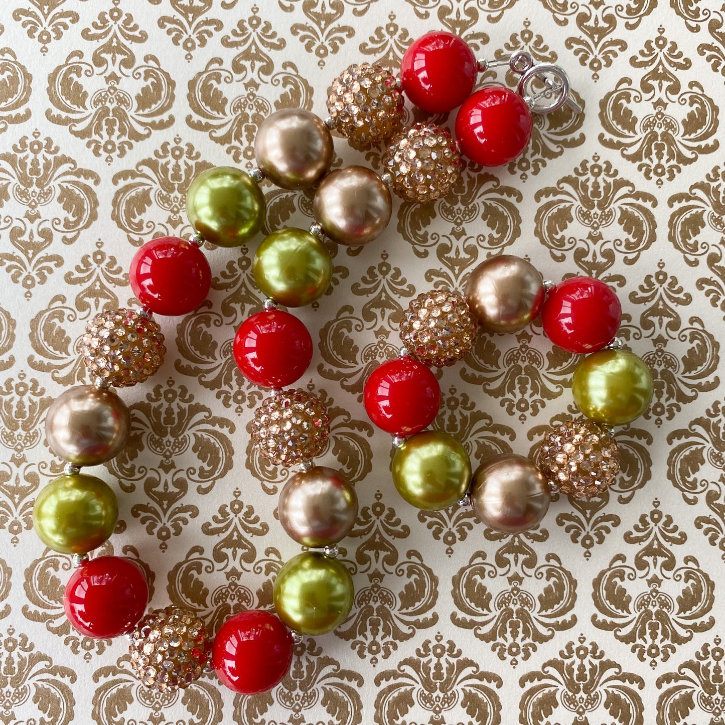 Red Green and Gold Christmas Bubblegum Necklace and Bracelet