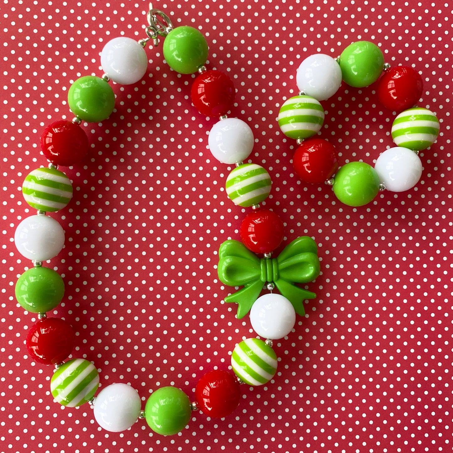 Lime Green and Red Christmas Bubblegum Necklace and Bracelet