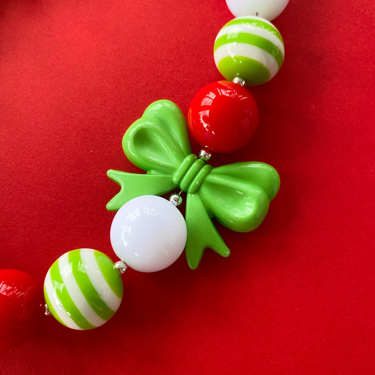 Lime Green and Red Christmas Bubblegum Necklace and Bracelet