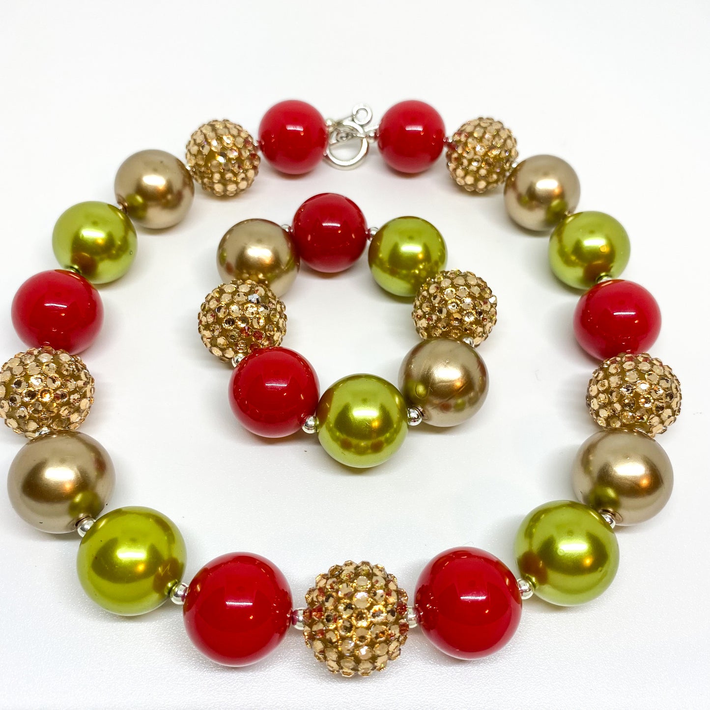 Red Green and Gold Christmas Bubblegum Necklace and Bracelet