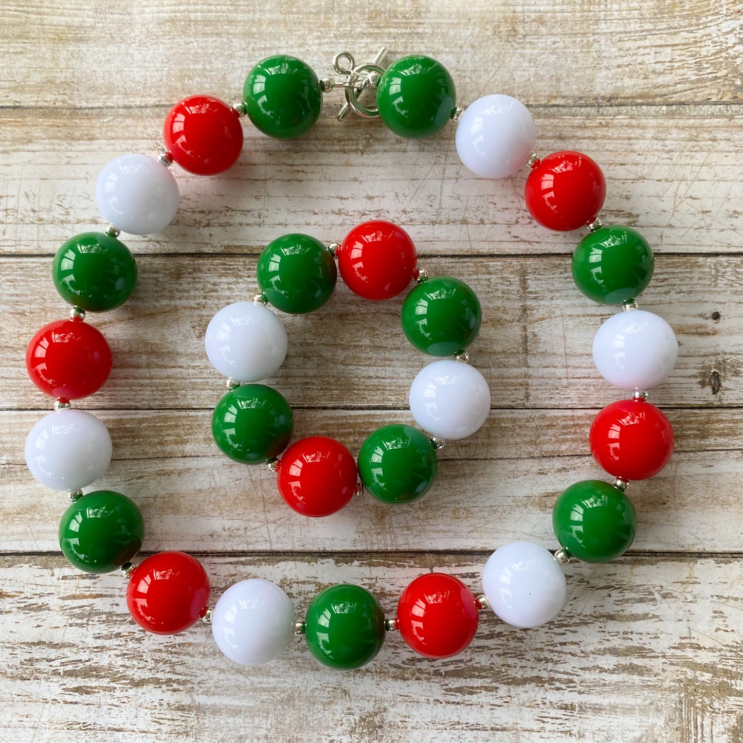 Red Green and White Christmas Bubblegum Necklace and Bracelet