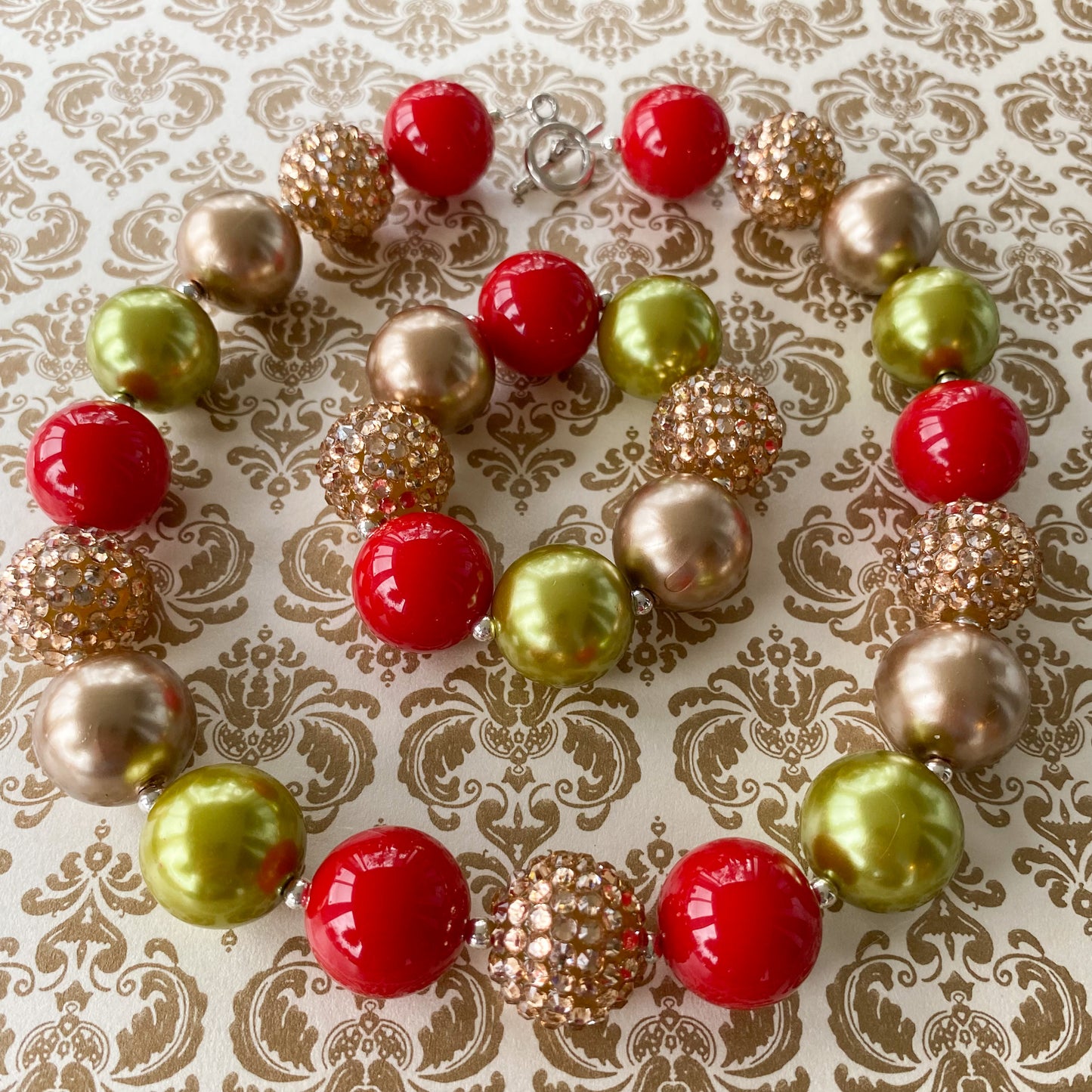 Red Green and Gold Christmas Bubblegum Necklace and Bracelet